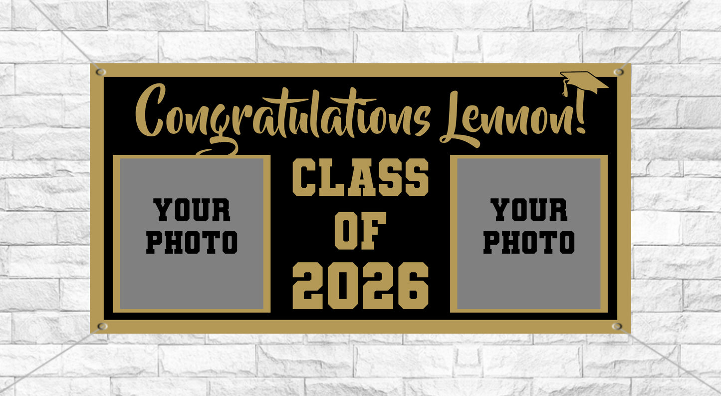 36"x18" Black and Gold Graduation Banner
