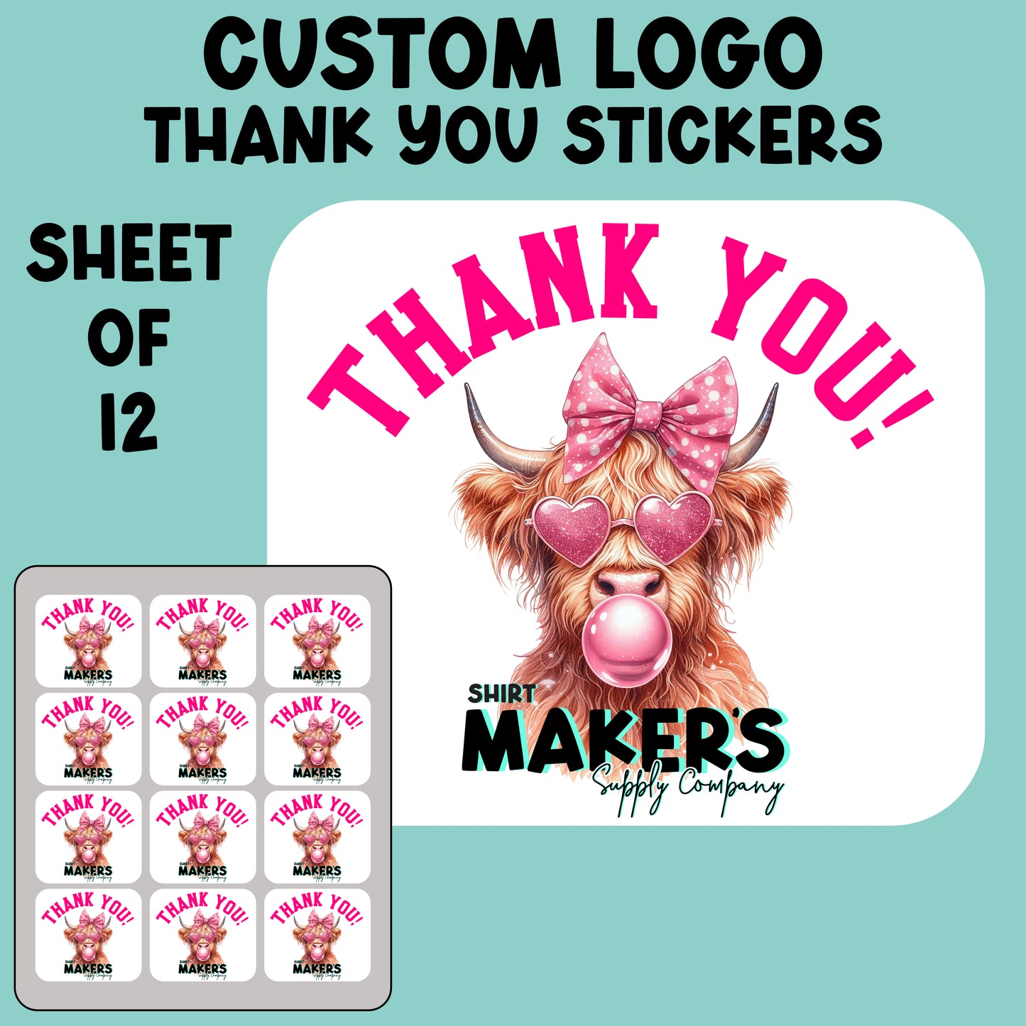 Cow Thank You Custom Logo Stickers Sheet of 12