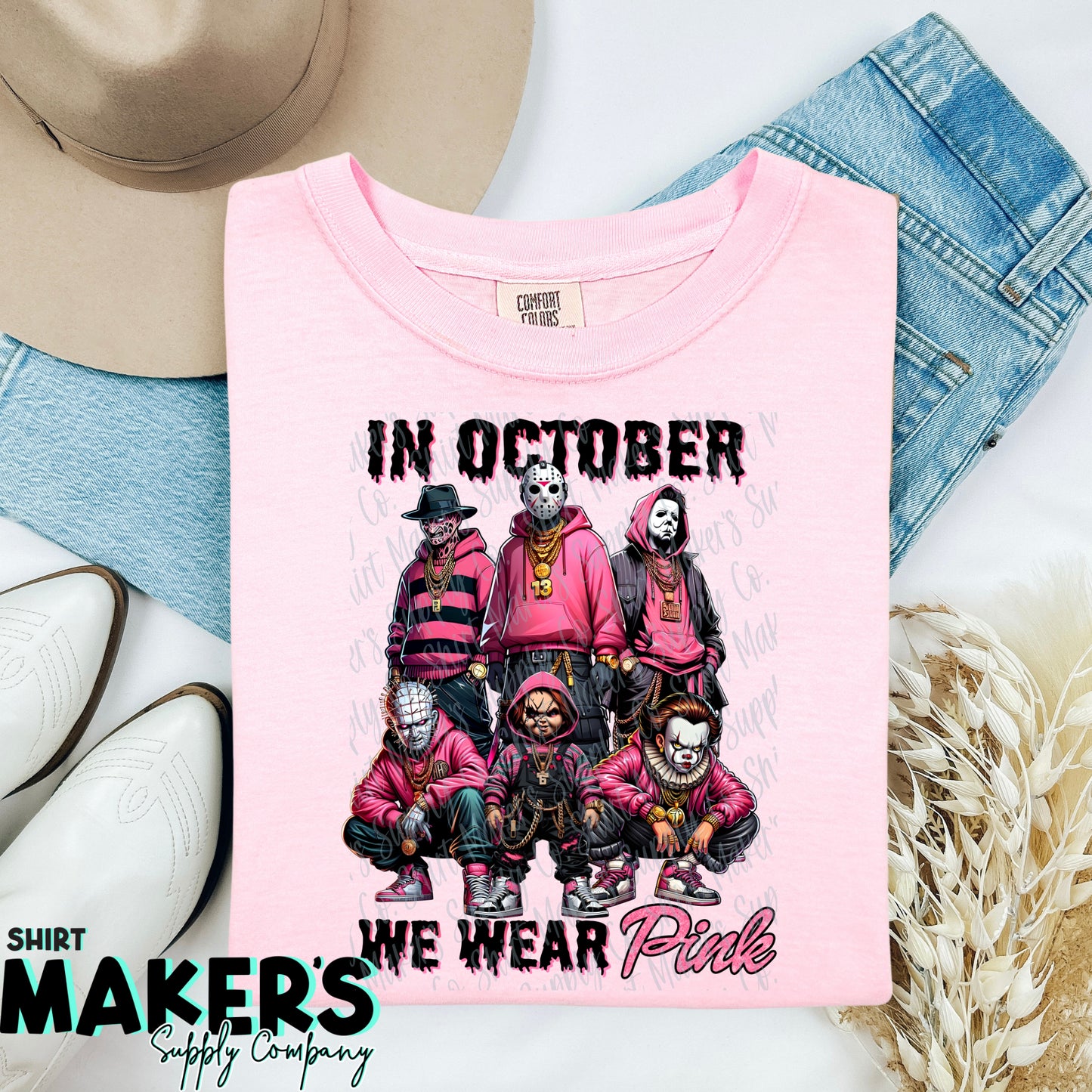 In October, We Wear Pink Horror DTF or Sublimation Transfer