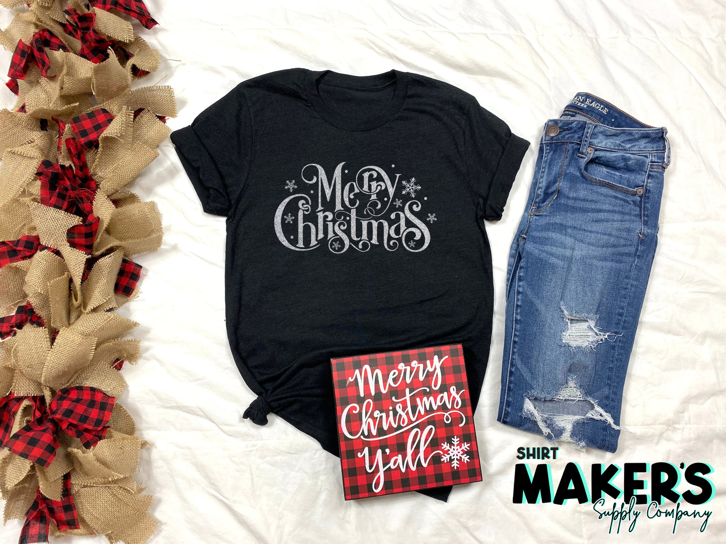 Merry Christmas Silver Metallic Screen Print Transfer