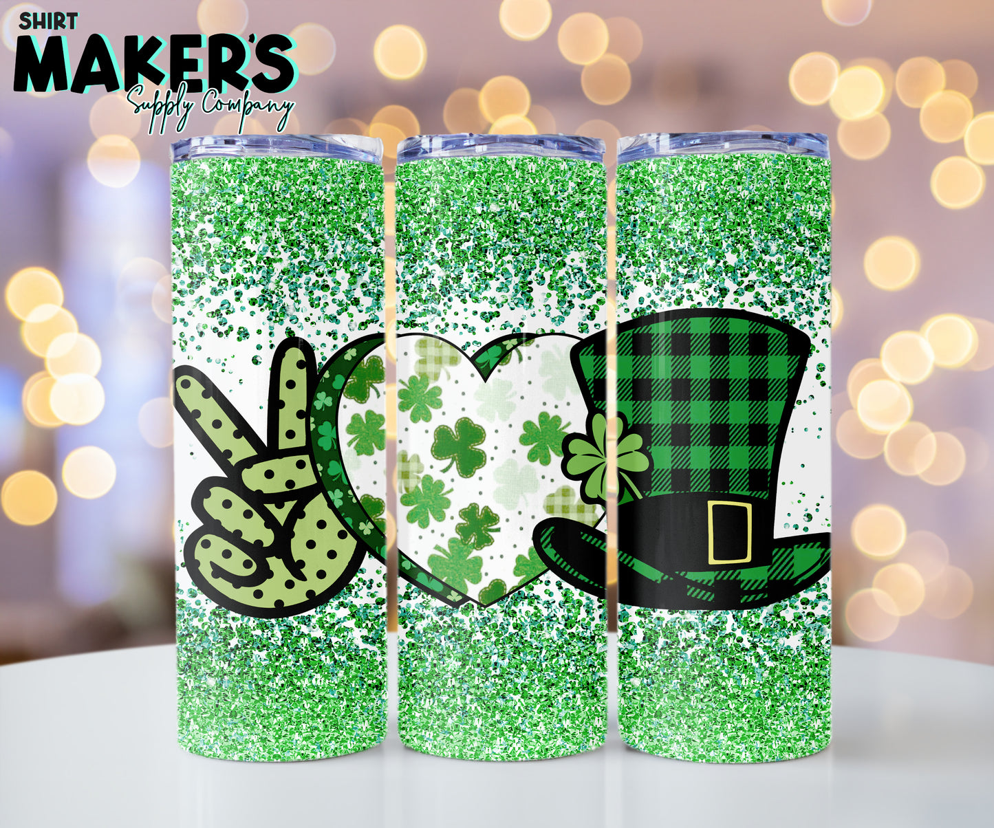 20oz. Green Glitter Peace Love St. Patrick's Day Tumbler Wrap