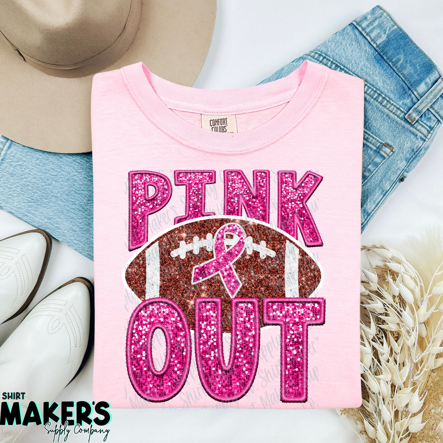 Pink Out Football Faux Embroidery DTF or Sublimation Transfer