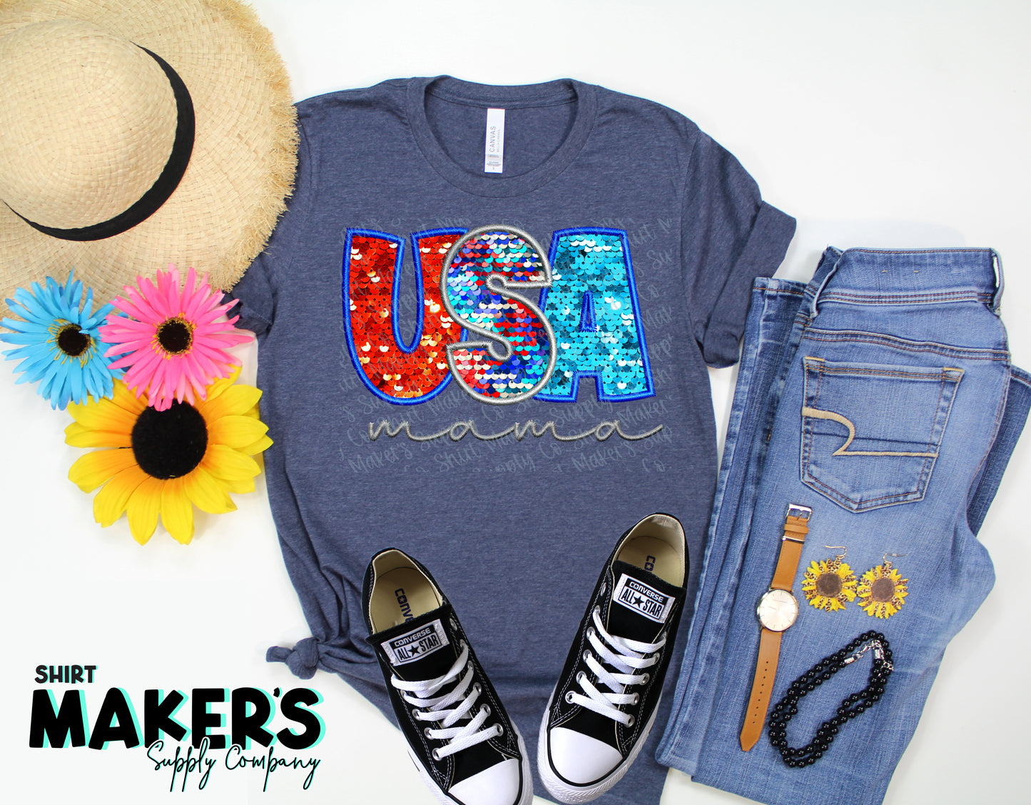 USA Mama Faux Sequin Embroidery Applique DTF or Sublimation Transfer