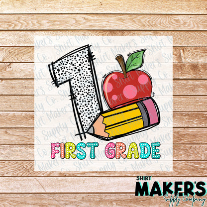 1st Grade Pencil & Apple DTF Transfer - or- Hat Patch, Acrylic, Magnet, or Keychain