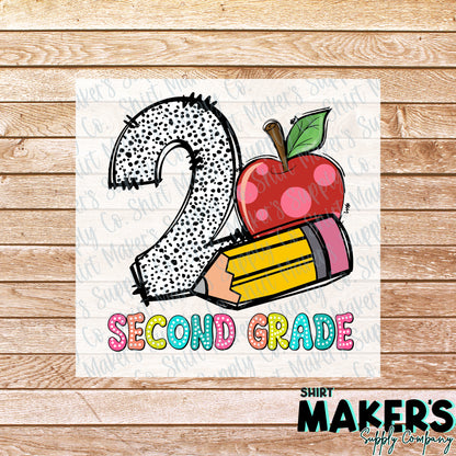 2nd Grade Pencil & Apple DTF Transfer - or- Hat Patch, Acrylic, Magnet, or Keychain