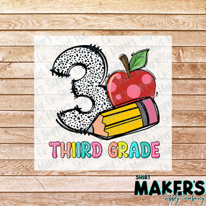 3rd Grade Pencil & Apple DTF Transfer - or- Hat Patch, Acrylic, Magnet, or Keychain