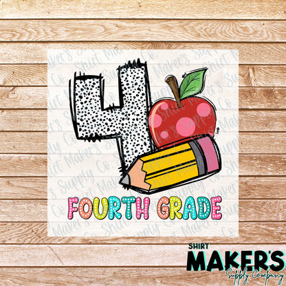 4th Grade Pencil & Apple DTF Transfer - or- Hat Patch, Acrylic, Magnet, or Keychain