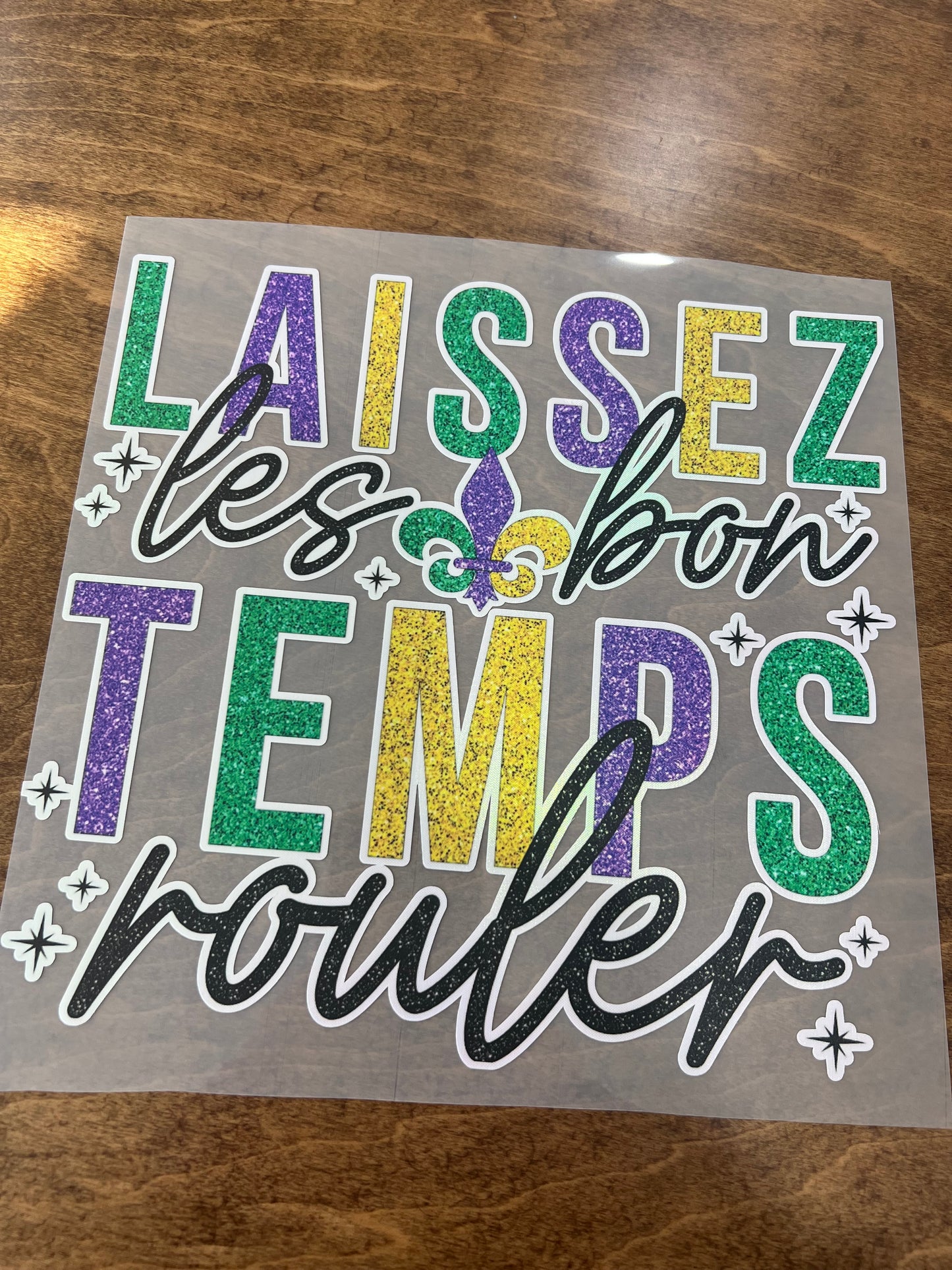 Laissez Les Bon Temps Rouler Mardi Gras Faux Sequin Holographic Twill Transfer