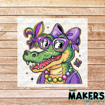 Alligator Mardi Gras DTF Transfer - or- Hat Patch, Acrylic, Magnet, or Keychain