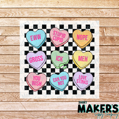 Anti Valentine's Checkered Hearts Valentine's Day DTF Transfer - or- Hat Patch, Acrylic, Magnet, or Keychain