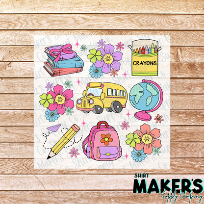 Back to School Supplies Collage DTF Transfer - or- Hat Patch, Acrylic, Magnet, or Keychain