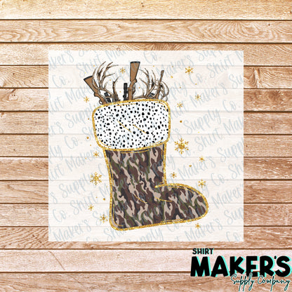 Camo Stocking Christmas Hunting DTF Transfer - or- Hat Patch, Acrylic, Magnet, or Keychain