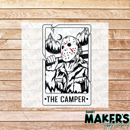 The Camper White Horror Tarot Card DTF Transfer - or- Hat Patch, Acrylic, Magnet, or Keychain