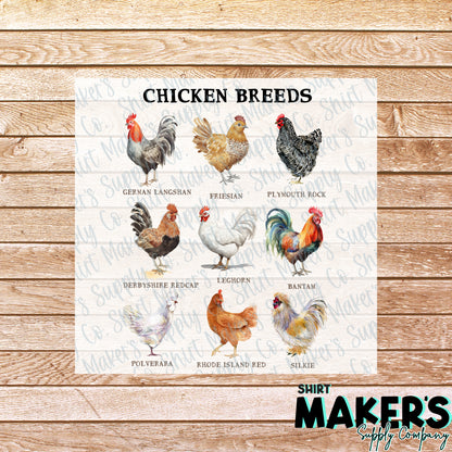 Chicken Breeds DTF Transfer - or- Hat Patch, Acrylic, Magnet, or Keychain