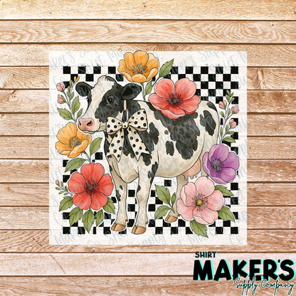 Cow Floral Checker DTF Transfer - or- Hat Patch, Acrylic, Magnet, or Keychain