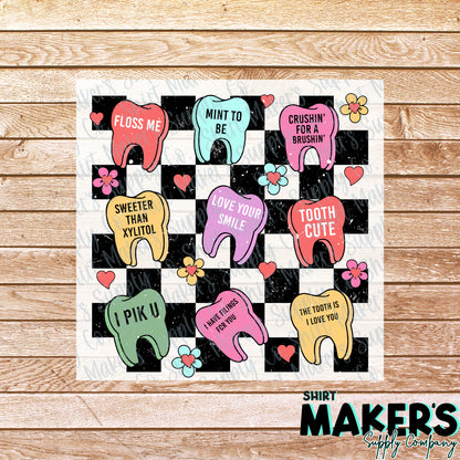 Checkered Conversation Hearts Dental Valentine's Day DTF Transfer - or- Hat Patch, Acrylic, Magnet, or Keychain