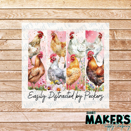 Easily Distracted By Peckers Chicken DTF Transfer - or- Hat Patch, Acrylic, Magnet, or Keychain