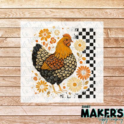 Fall Chicken Black Checker DTF Transfer - or- Hat Patch, Acrylic, Magnet, or Keychain
