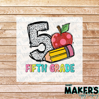 5th Grade Pencil & Apple DTF Transfer - or- Hat Patch, Acrylic, Magnet, or Keychain