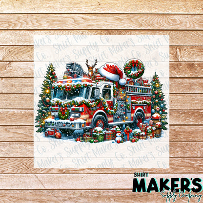 Firefighter Fire Truck Christmas DTF Transfer - or- Hat Patch, Acrylic, Magnet, or Keychain