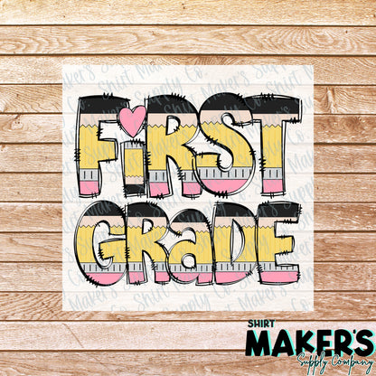 1st Grade Pencil Print DTF Transfer - or- Hat Patch, Acrylic, Magnet, or Keychain