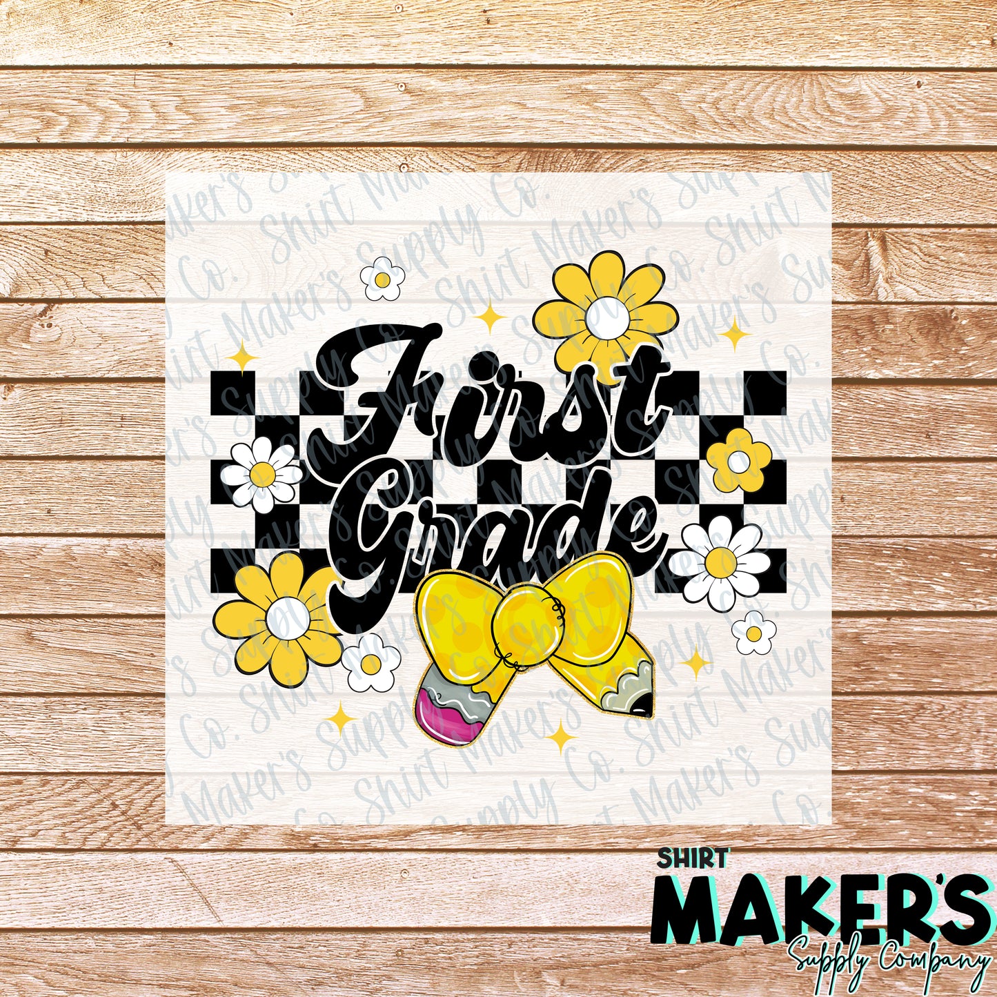 1st Grade Floral Checker DTF Transfer - or- Hat Patch, Acrylic, Magnet, or Keychain