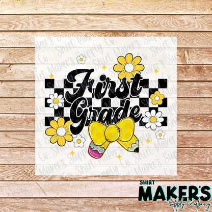 1st Grade Floral Checker DTF Transfer - or- Hat Patch, Acrylic, Magnet, or Keychain