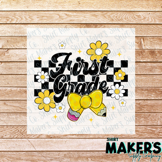 1st Grade Floral Checker DTF Transfer - or- Hat Patch, Acrylic, Magnet, or Keychain