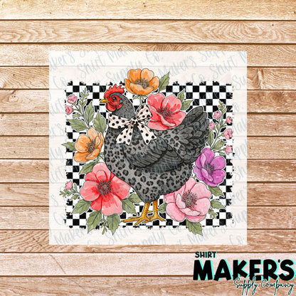 Checkered Chicken Floral DTF Transfer - or- Hat Patch, Acrylic, Magnet, or Keychain