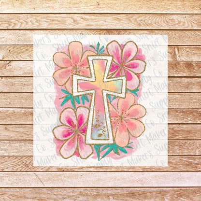Floral Cross Christian DTF Transfer - or- Hat Patch, Acrylic, Magnet, or Keychain