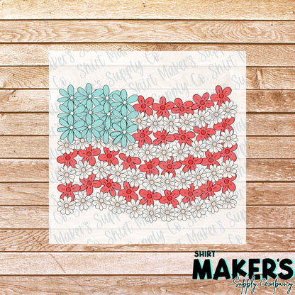 Flower American Flag Fourth of July DTF Transfer - or- Hat Patch, Acrylic, Magnet, or Keychain