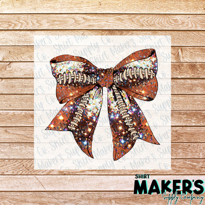 Football Bow Sequin DTF or UV-DTF Transfer - or- Hat Patch, Acrylic, Magnet, or Keychain