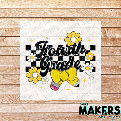 4th Grade Floral Checker DTF Transfer - or- Hat Patch, Acrylic, Magnet, or Keychain