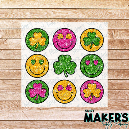 Glitter Shamrock Emoji St. Patrick's Day DTF Transfer - or- Hat Patch, Acrylic, Magnet, or Keychain