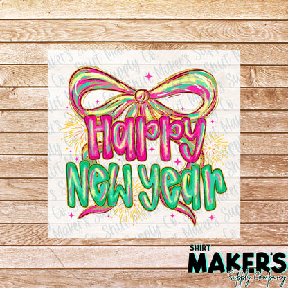 Happy New Year Bow DTF or UV-DTF Transfer - or- Hat Patch, Acrylic, Magnet, or Keychain