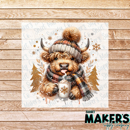 Highland Cow Cocoa Christmas DTF Transfer - or- Hat Patch, Acrylic, Magnet, or Keychain