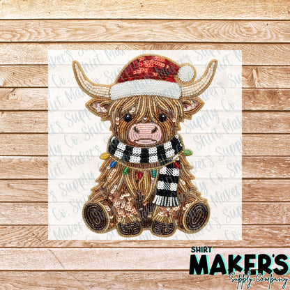 Highland Cow Sequin Christmas DTF Transfer - or- Hat Patch, Acrylic, Magnet, or Keychain