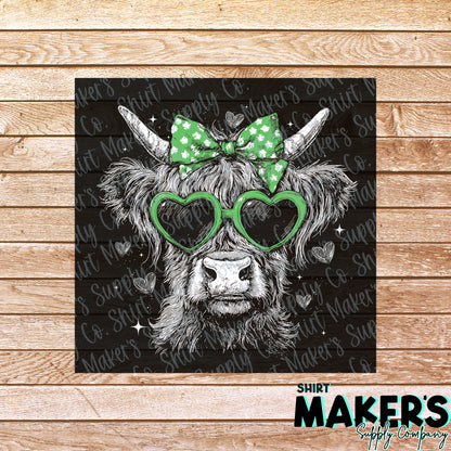 Highland Cow St. Patrick's Day DTF Transfer - or- Hat Patch, Acrylic, Magnet, or Keychain