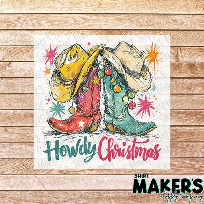 Howdy Christmas Boots 2 DTF Transfer - or- Hat Patch, Acrylic, Magnet, or Keychain