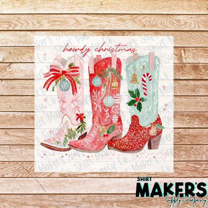Howdy Christmas Boots DTF Transfer - or- Hat Patch, Acrylic, Magnet, or Keychain