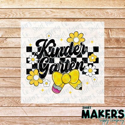 Kindergarten Floral Checker DTF Transfer - or- Hat Patch, Acrylic, Magnet, or Keychain