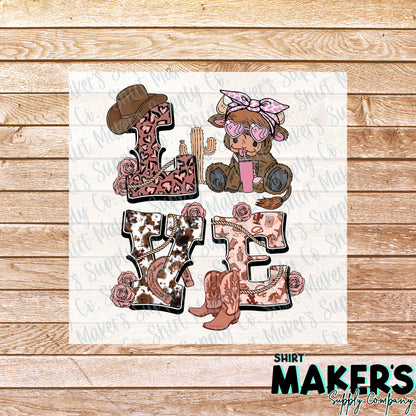 Love Cow Western Valentine's Day DTF Transfer - or- Hat Patch, Acrylic, Magnet, or Keychain