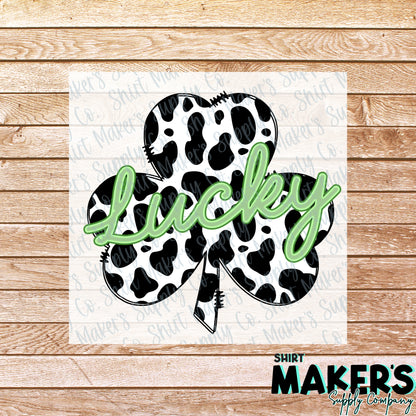 Lucky Cow Print Shamrock St. Patrick's Day DTF Transfer - or- Hat Patch, Acrylic, Magnet, or Keychain