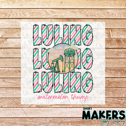 Luling Watermelon Thump Stacked 3 DTF Transfer - or- Hat Patch, Acrylic, Magnet, or Keychain