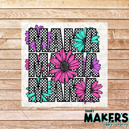 Mama Checkered Flowers Mother's Day DTF Transfer - or- Hat Patch, Acrylic, Magnet, or Keychain