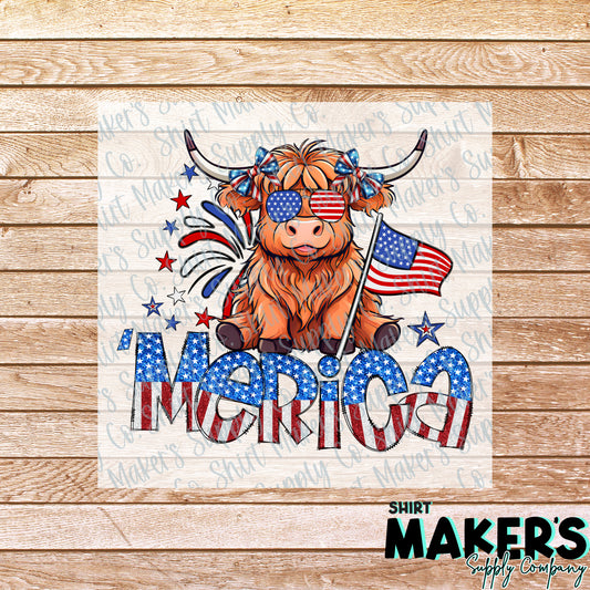 Merica Highland Cow DTF or Sublimation Transfer