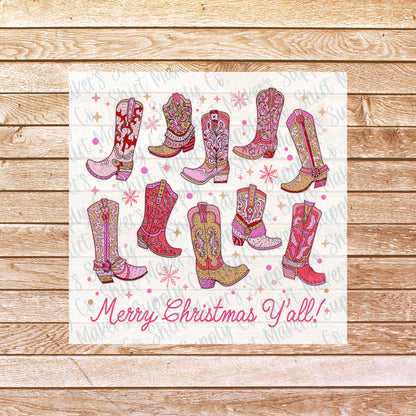 Merry Christmas Y'all Boots DTF Transfer - or- Hat Patch, Acrylic, Magnet, or Keychain