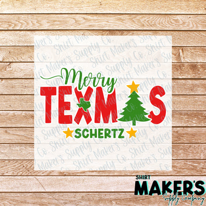 Merry Texmas Christmas Schertz, Texas DTF Transfer - or- Hat Patch, Acrylic, Magnet, or Keychain