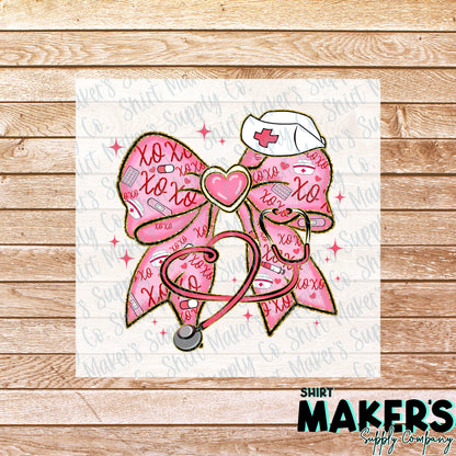 Nurse Bow Stethoscope Valentine's Day DTF Transfer - or- Hat Patch, Acrylic, Magnet, or Keychain