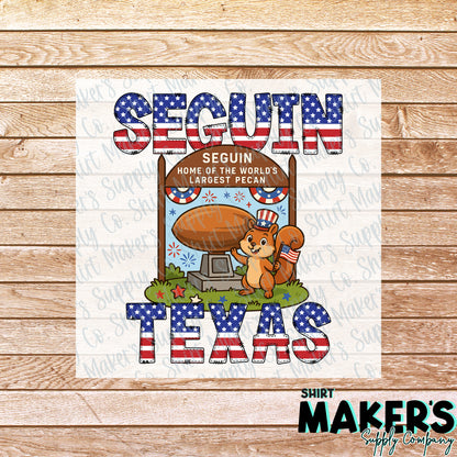 Seguin 4th of July Pecan Sign and Squirrel DTF or UV-DTF Transfer - or- Hat Patch, Acrylic, Magnet, or Keychain